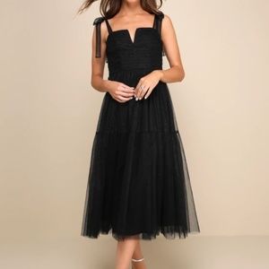 NWT Twinkling Star Black Glitter Tulle Tie-Strap Midi Dress